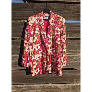 Vintage Tropical Floral Blazer Women's 12 Petite Bold Pink Hawaiian Jacket 90s